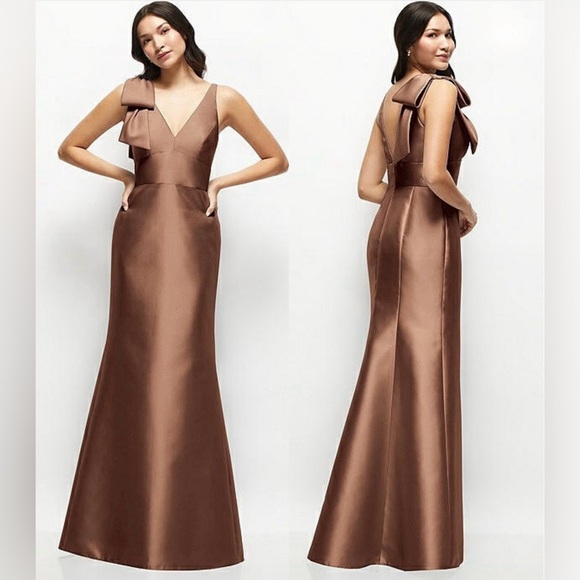 ALFRED SUNG Dresses & Skirts - NWT Alfred Sung Deep V-Back Satin Trumpet Dress, One-Shoulder Bow in Cognac, 12R